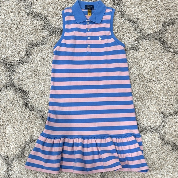 Ralph Lauren Girls Striped Stretch Mesh Polo Dress Drop Waist Blue Pink M NWOT - Picture 2 of 10